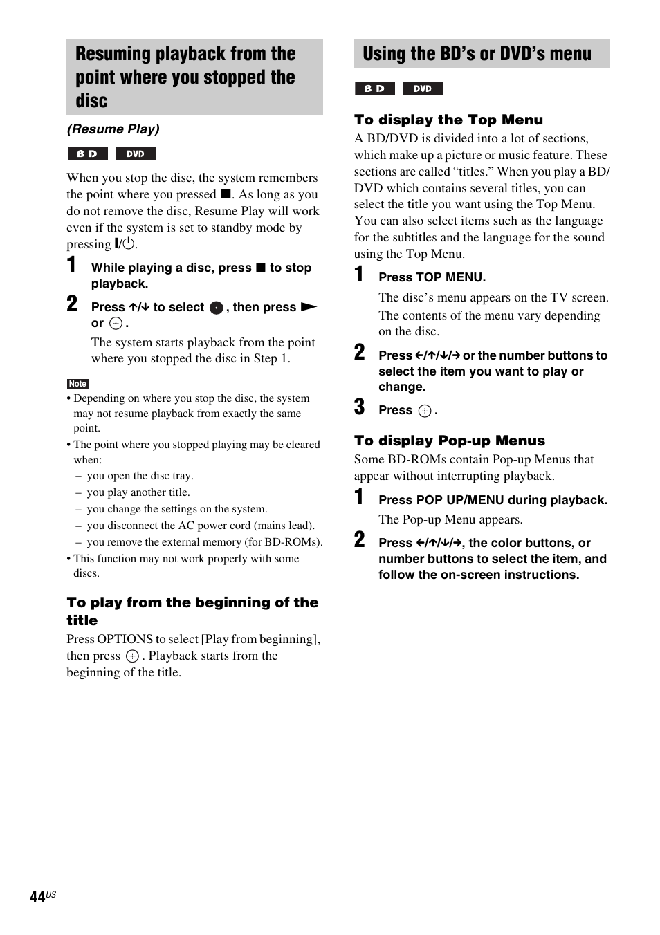 Using the bd’s or dvd’s menu, E 44) | Sony BDV-T20W User Manual | Page 44 / 123
