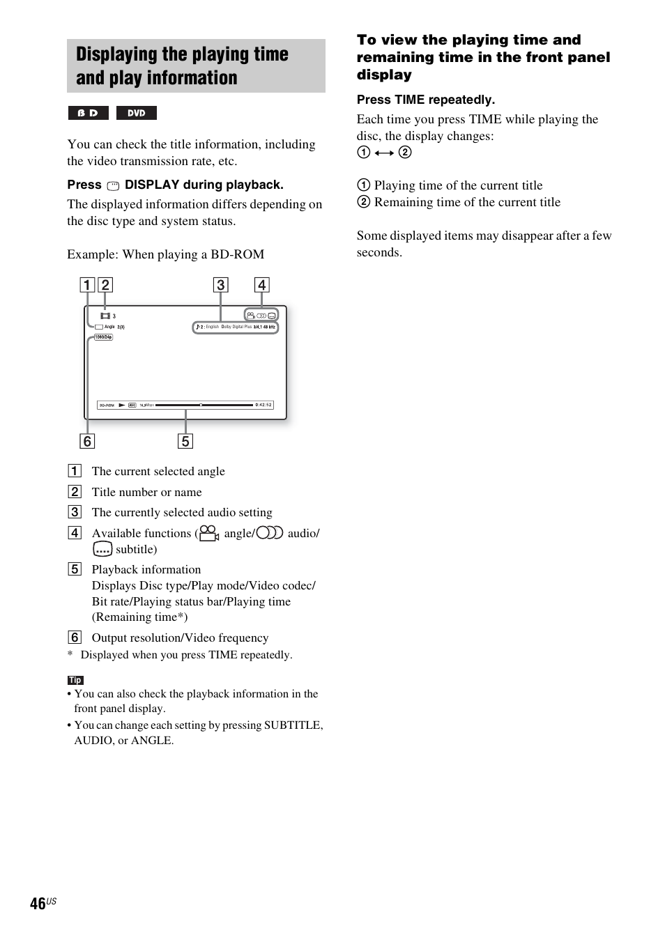 Displaying the playing time and play information, E 46) | Sony BDV-T20W User Manual | Page 46 / 123