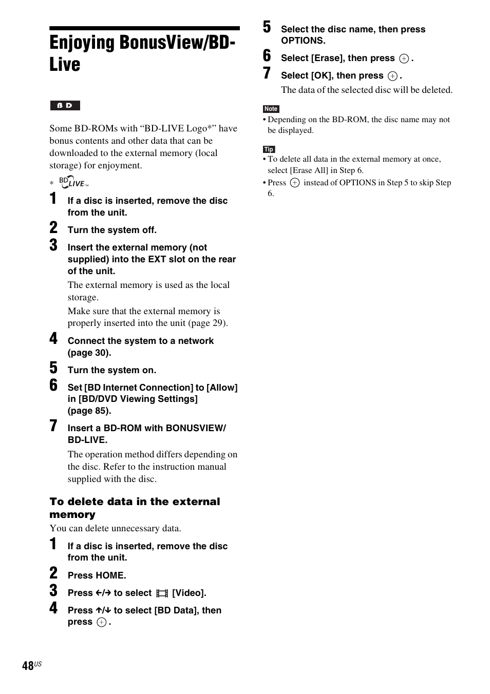 Enjoying bonusview/bd- live, Enjoying bonusview/bd-live | Sony BDV-T20W User Manual | Page 48 / 123