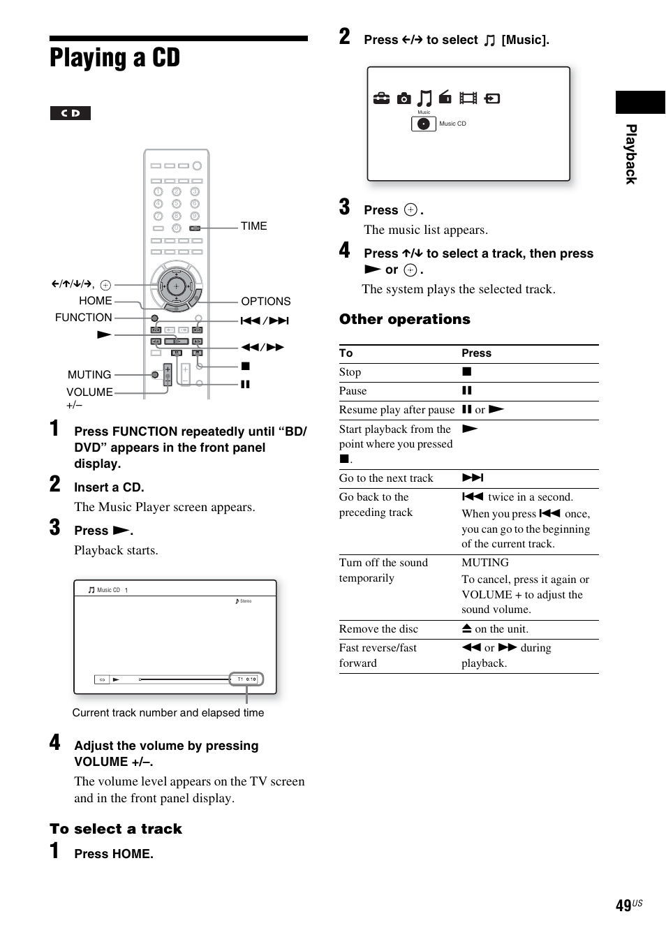 Playing a cd | Sony BDV-T20W User Manual | Page 49 / 123