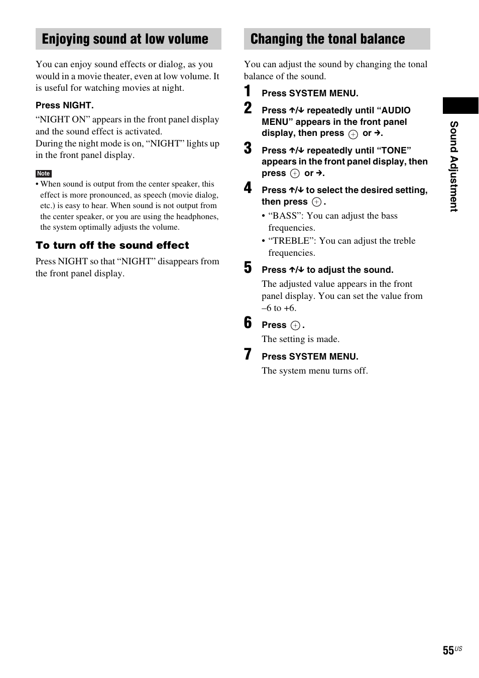 Enjoying sound at low volume, Changing the tonal balance, E 55) | E 55 | Sony BDV-T20W User Manual | Page 55 / 123