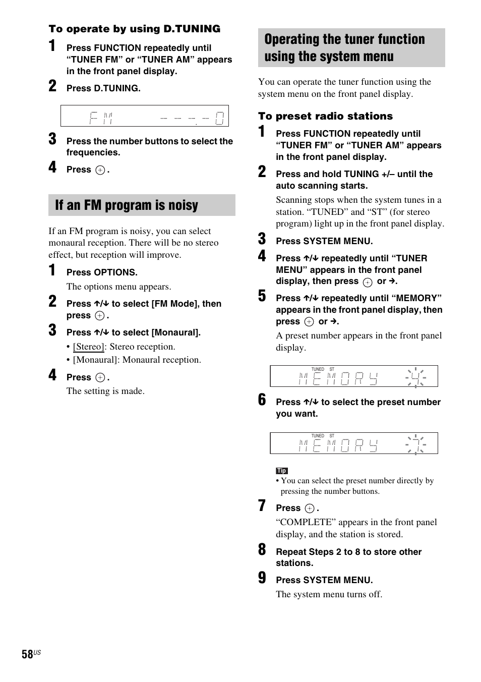 If an fm program is noisy, Operating the tuner function using the system menu, E 58) | Sony BDV-T20W User Manual | Page 58 / 123