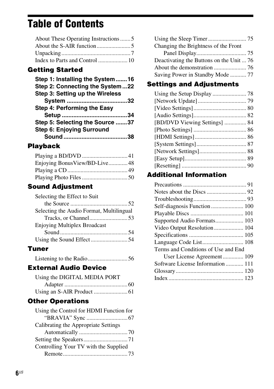 Sony BDV-T20W User Manual | Page 6 / 123