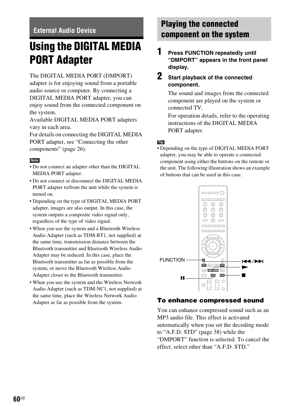 External audio device, Using the digital media port adapter, Playing the connected component on the system | Using the digital media port, Adapter | Sony BDV-T20W User Manual | Page 60 / 123