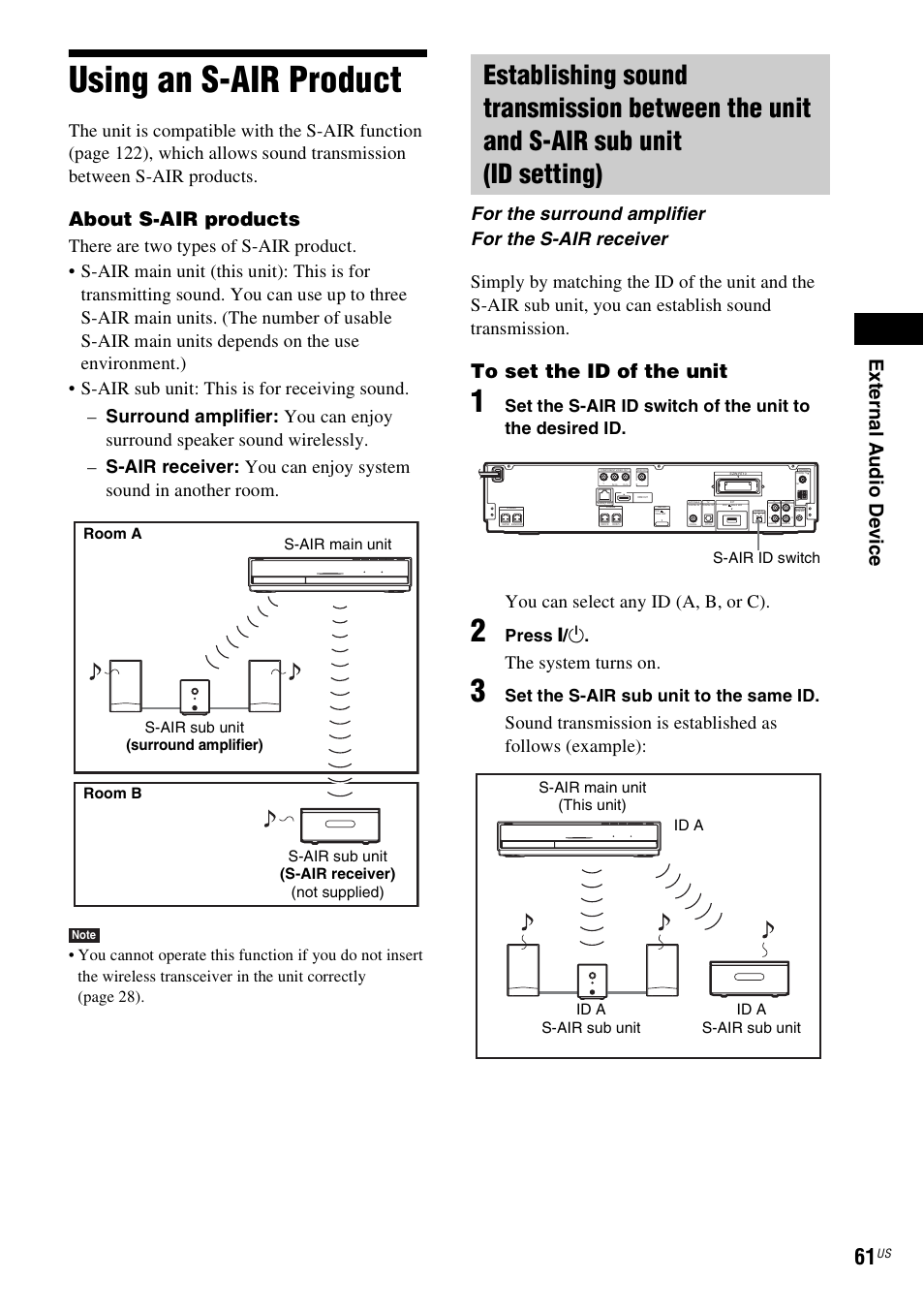 Using an s-air product, About s-air products, You can select any id (a, b, or c) | The system turns on, For the surround amplifier for the s-air receiver, Press " / 1, Set the s-air sub unit to the same id | Sony BDV-T20W User Manual | Page 61 / 123
