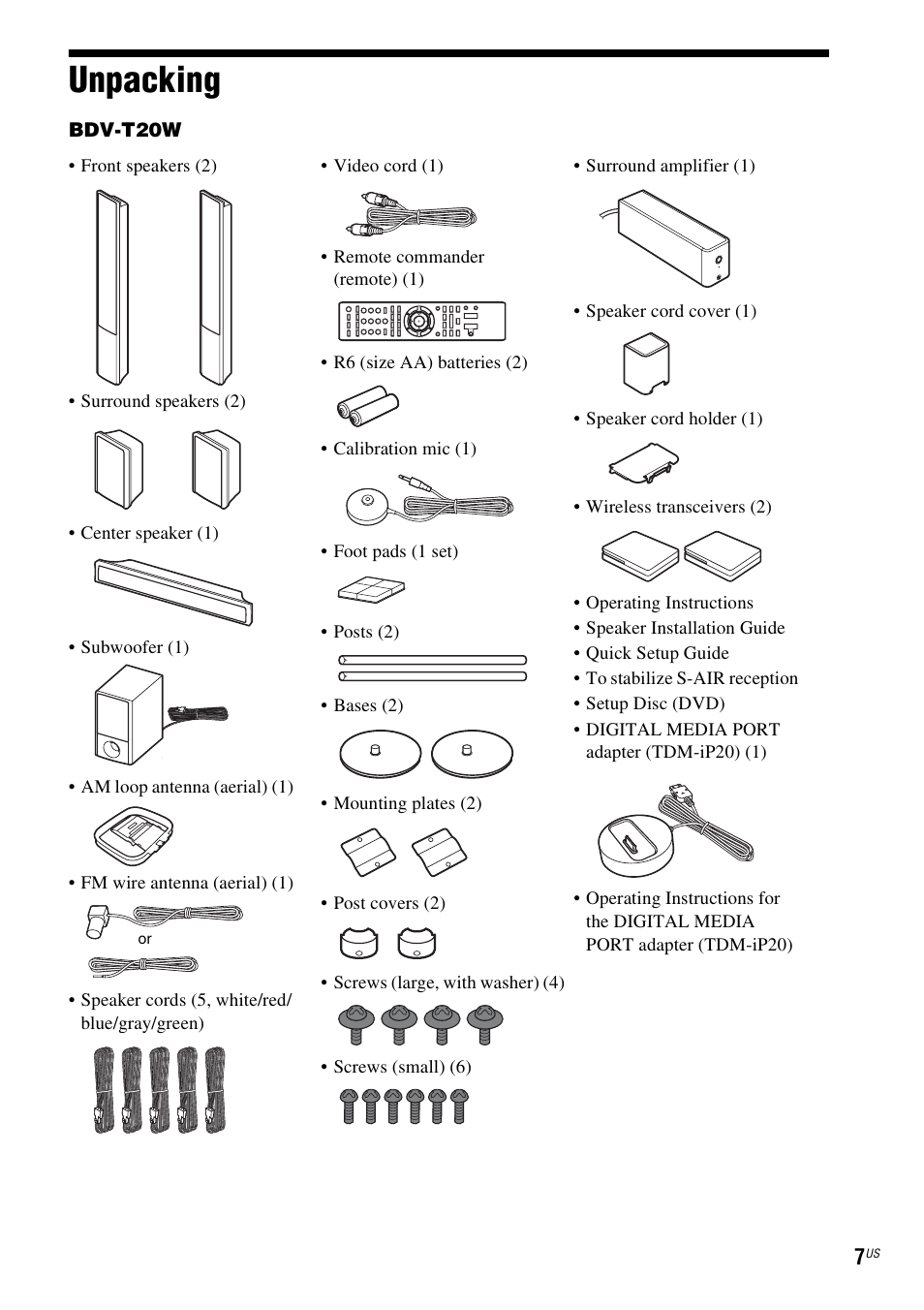 Unpacking | Sony BDV-T20W User Manual | Page 7 / 123