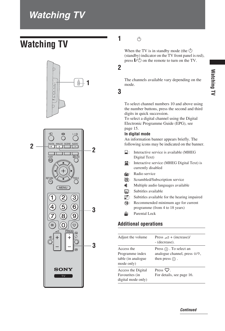 Watching tv, Additional operations | Sony BRAVIA KDL-19S57xx User Manual | Page 13 / 35