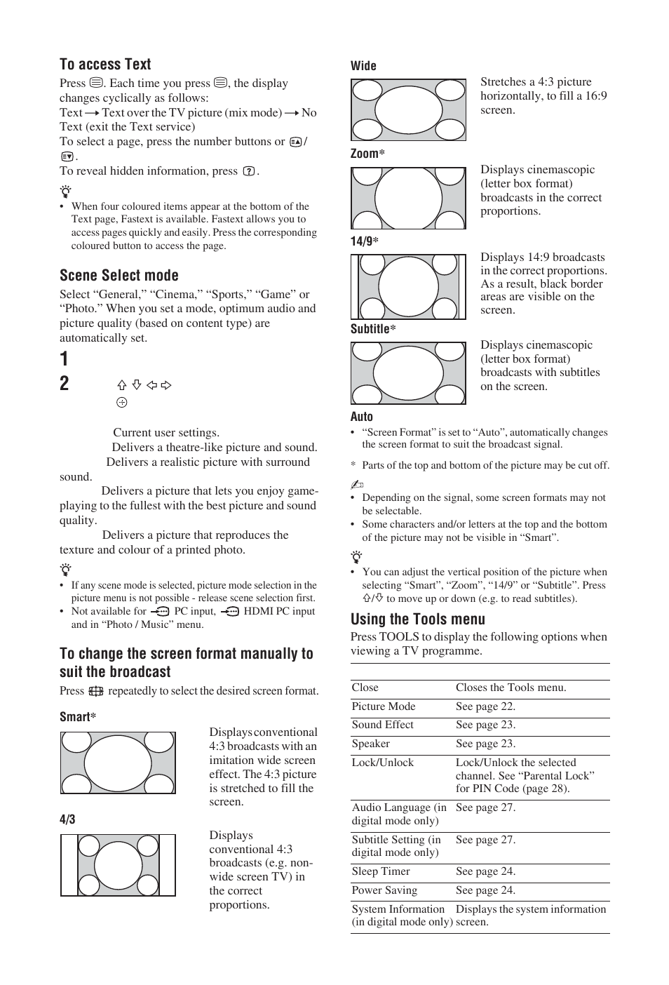 Scene select mode, Using the tools menu | Sony BRAVIA KDL-19S57xx User Manual | Page 14 / 35