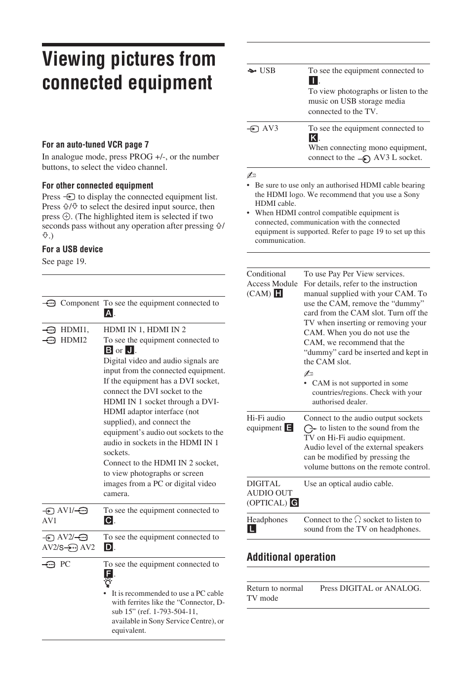 Viewing pictures from connected equipment, Additional operation | Sony BRAVIA KDL-19S57xx User Manual | Page 18 / 35
