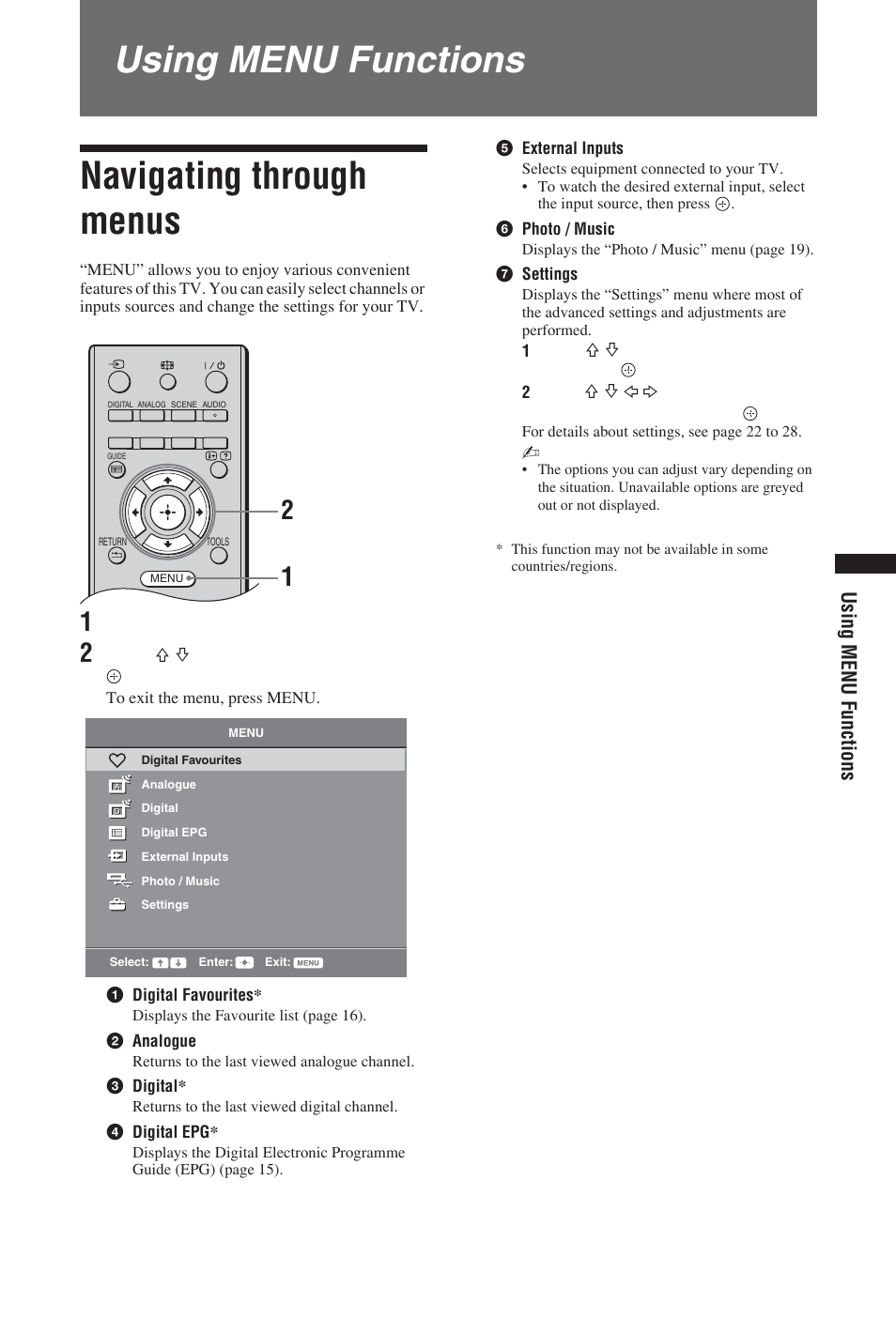 Using menu functions navigating through menus, Using menu functions | Sony BRAVIA KDL-19S57xx User Manual | Page 21 / 35