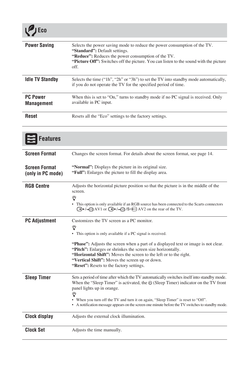 Features | Sony BRAVIA KDL-19S57xx User Manual | Page 24 / 35