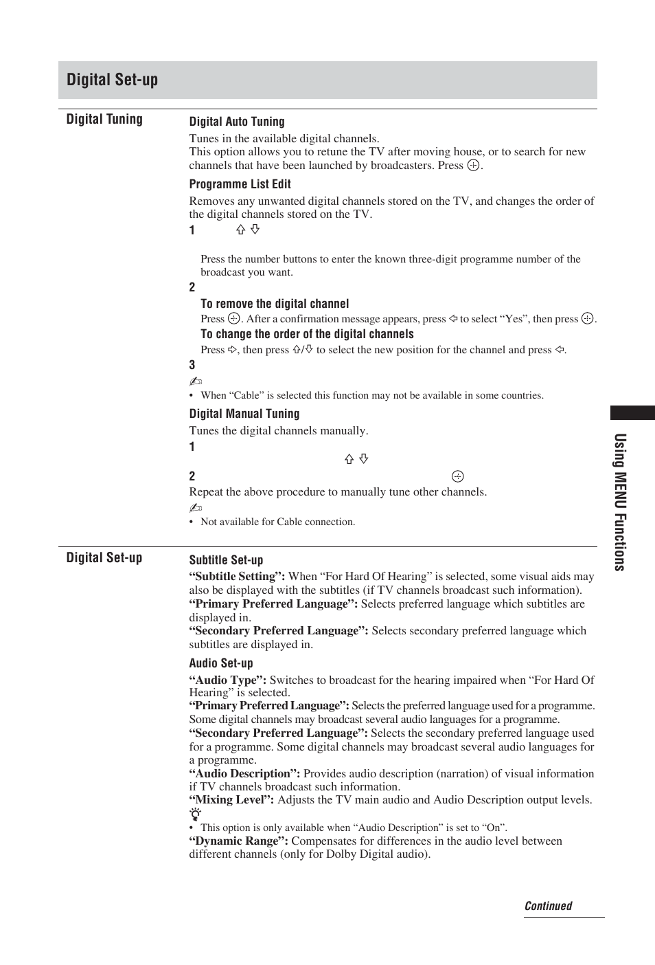 Digital set-up, Using menu functions | Sony BRAVIA KDL-19S57xx User Manual | Page 27 / 35
