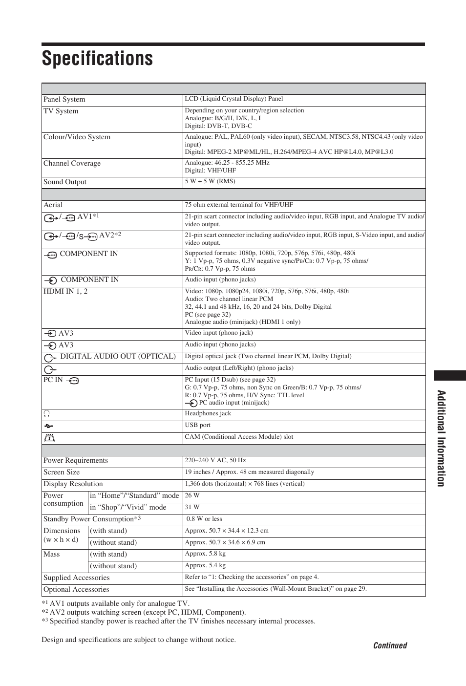 Specifications, Additional information | Sony BRAVIA KDL-19S57xx User Manual | Page 31 / 35