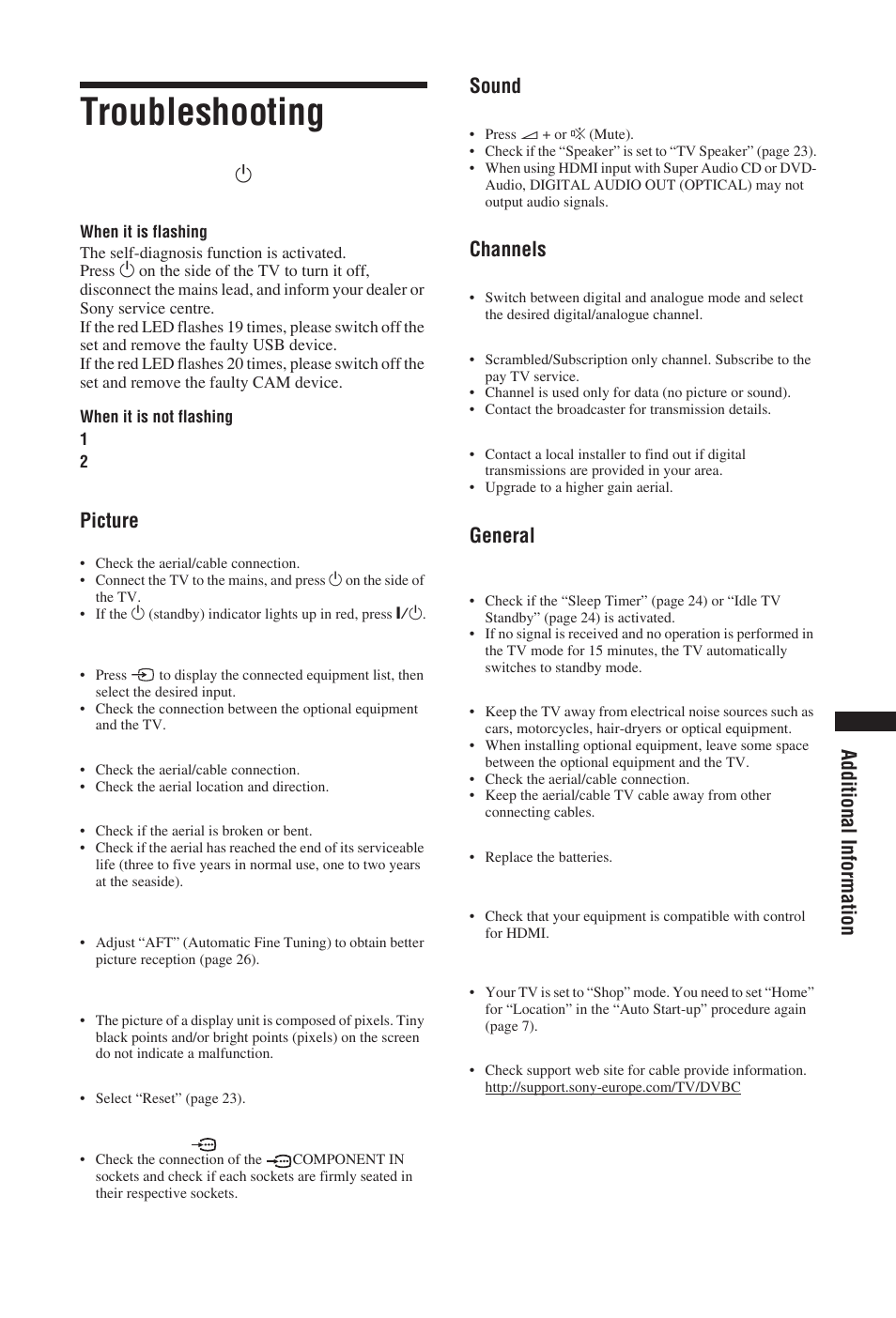 Troubleshooting, Additional information, Picture | Sound, Channels, General | Sony BRAVIA KDL-19S57xx User Manual | Page 33 / 35