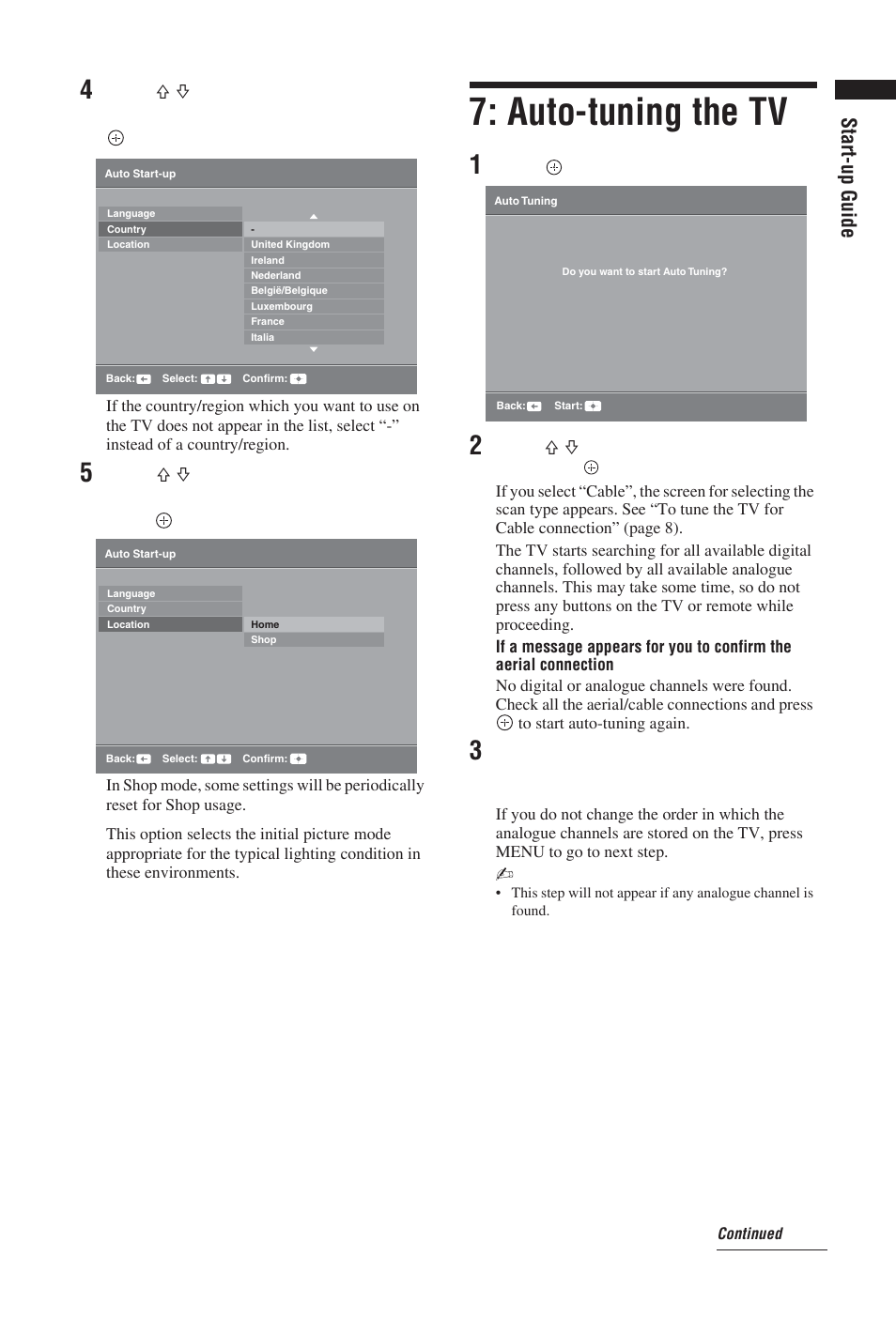 Auto-tuning the tv, Start-up guide | Sony BRAVIA KDL-19S57xx User Manual | Page 7 / 35