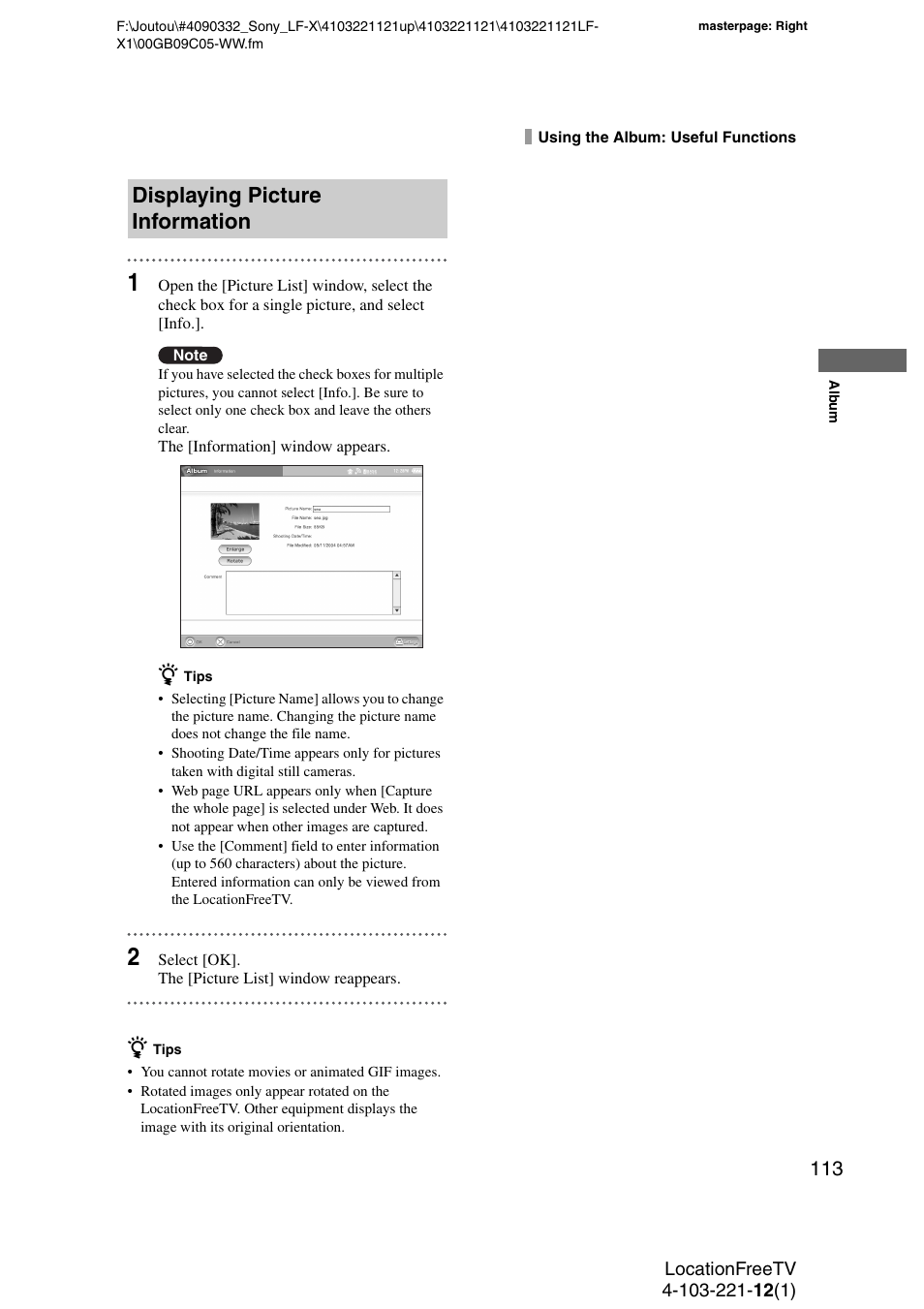 Displaying picture information | Sony LF-X1 User Manual | Page 113 / 160