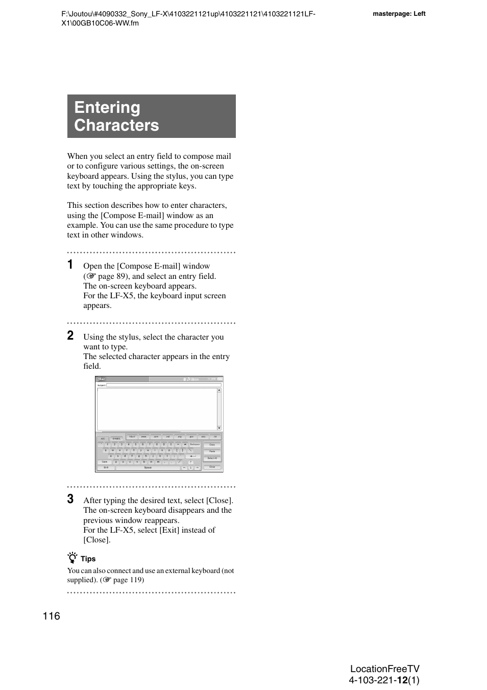 Entering characters, Entering, Characters | See “entering, See “entering characters | Sony LF-X1 User Manual | Page 116 / 160