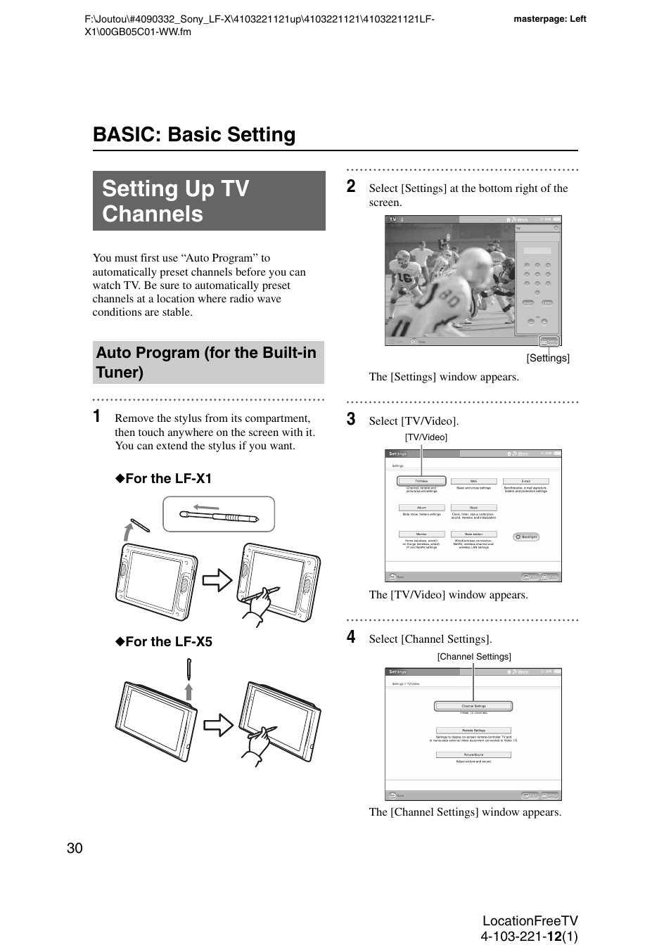 Setting up tv channels, Auto program (for the built-in tuner), Basic: basic setting | Sony LF-X1 User Manual | Page 30 / 160