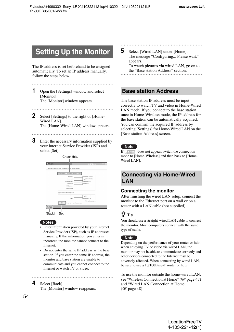 Setting up themonitor, Base station address, Connecting via home-wired lan | Setting up the monitor, Base station address connecting via home-wired lan | Sony LF-X1 User Manual | Page 54 / 160