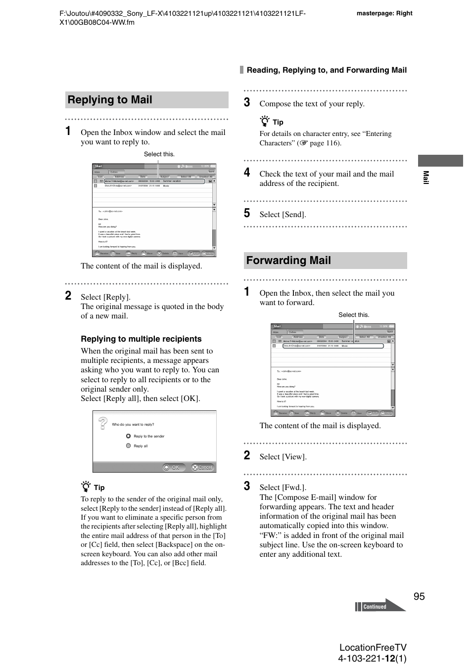 Replying to mail, Forwarding mail | Sony LF-X1 User Manual | Page 95 / 160