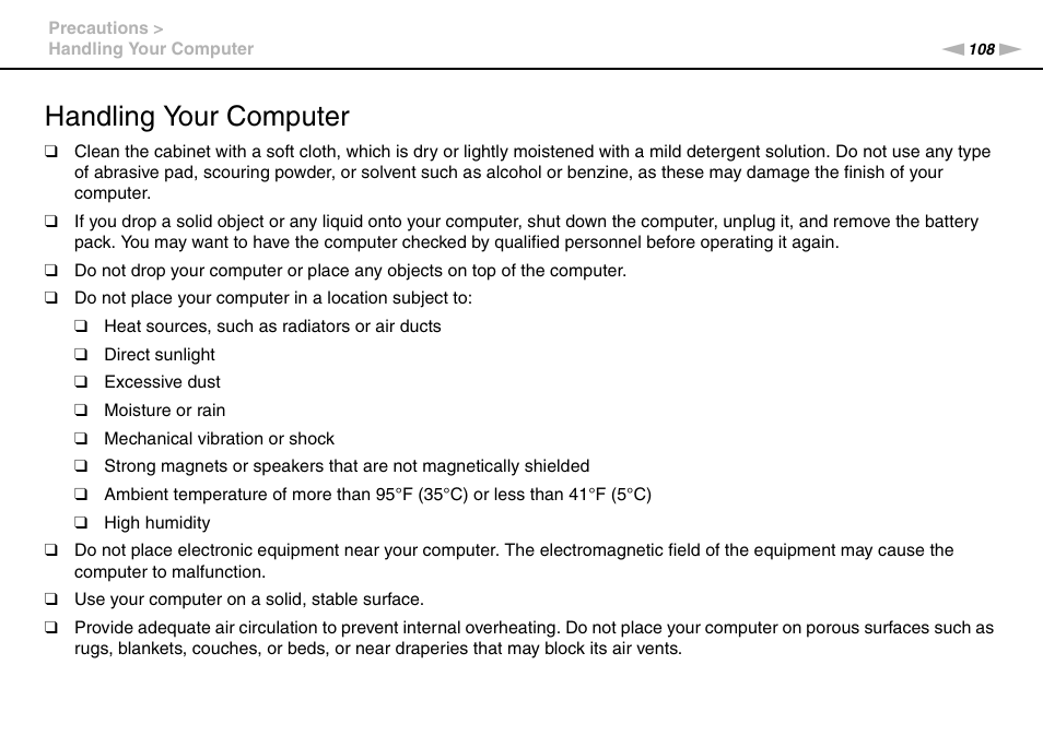 Handling your computer | Sony VGN-FW User Manual | Page 108 / 165