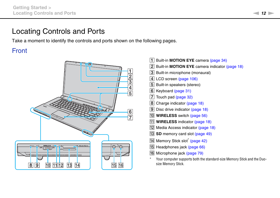 Locating controls and ports, Front | Sony VGN-FW User Manual | Page 12 / 165