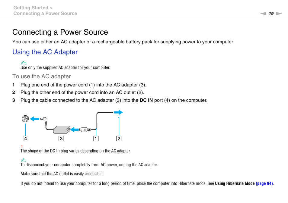 Connecting a power source, Using the ac adapter | Sony VGN-FW User Manual | Page 19 / 165