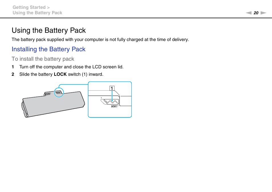 Using the battery pack, Installing the battery pack | Sony VGN-FW User Manual | Page 20 / 165