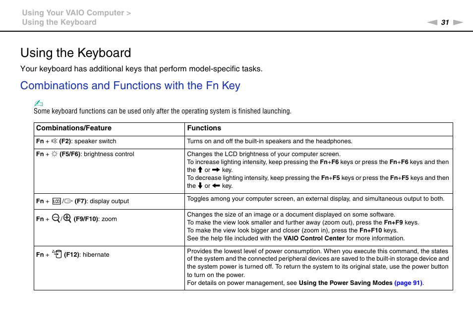 Using the keyboard, Combinations and functions with the fn key | Sony VGN-FW User Manual | Page 31 / 165