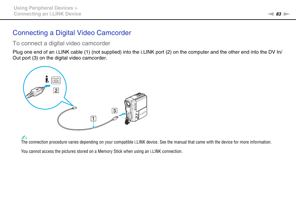 Connecting a digital video camcorder | Sony VGN-FW User Manual | Page 83 / 165