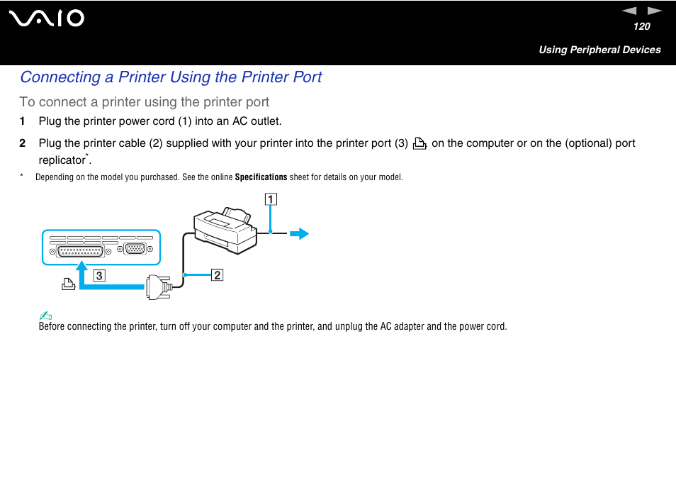 Connecting a printer using the printer port | Sony VGN-FS600 Series User Manual | Page 120 / 216