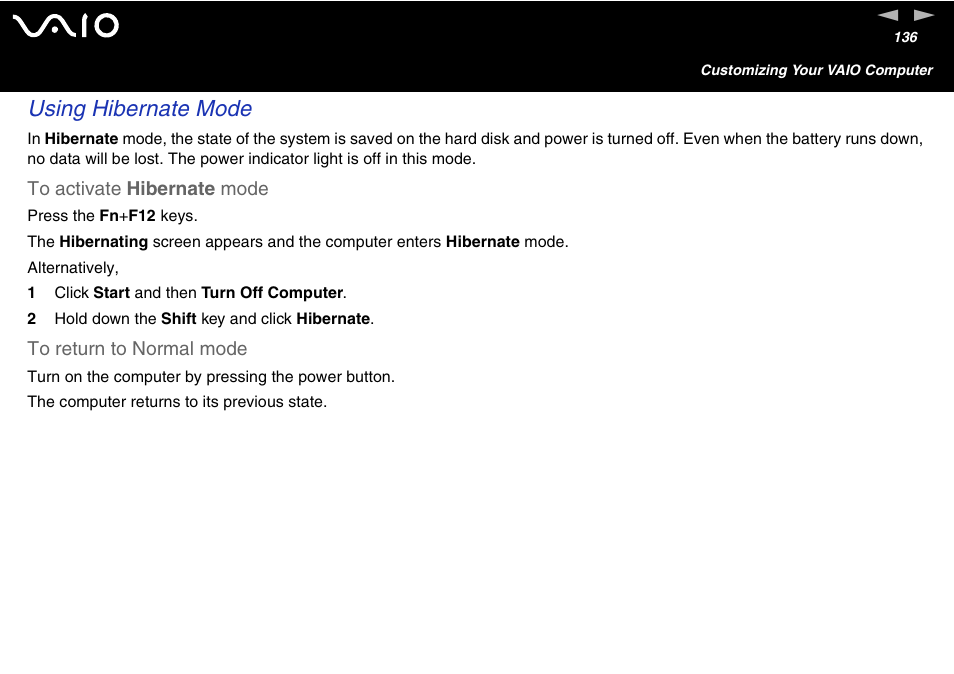 Using hibernate mode | Sony VGN-FS600 Series User Manual | Page 136 / 216