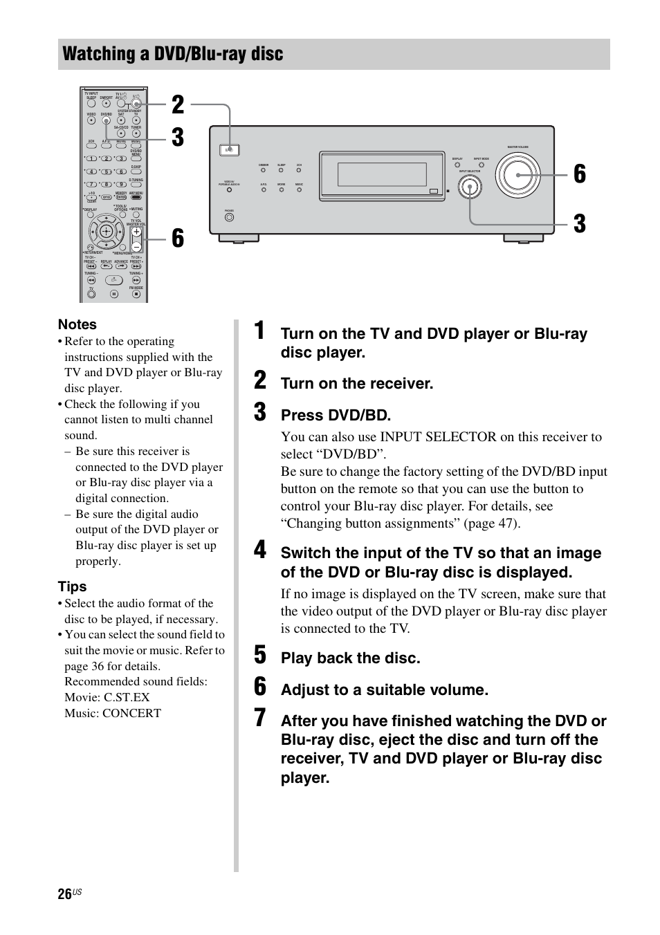 Watching a dvd/blu-ray disc, Turn on the receiver, Press dvd/bd | Play back the disc, Adjust to a suitable volume, Tips | Sony HT-DDWG700 User Manual | Page 26 / 56