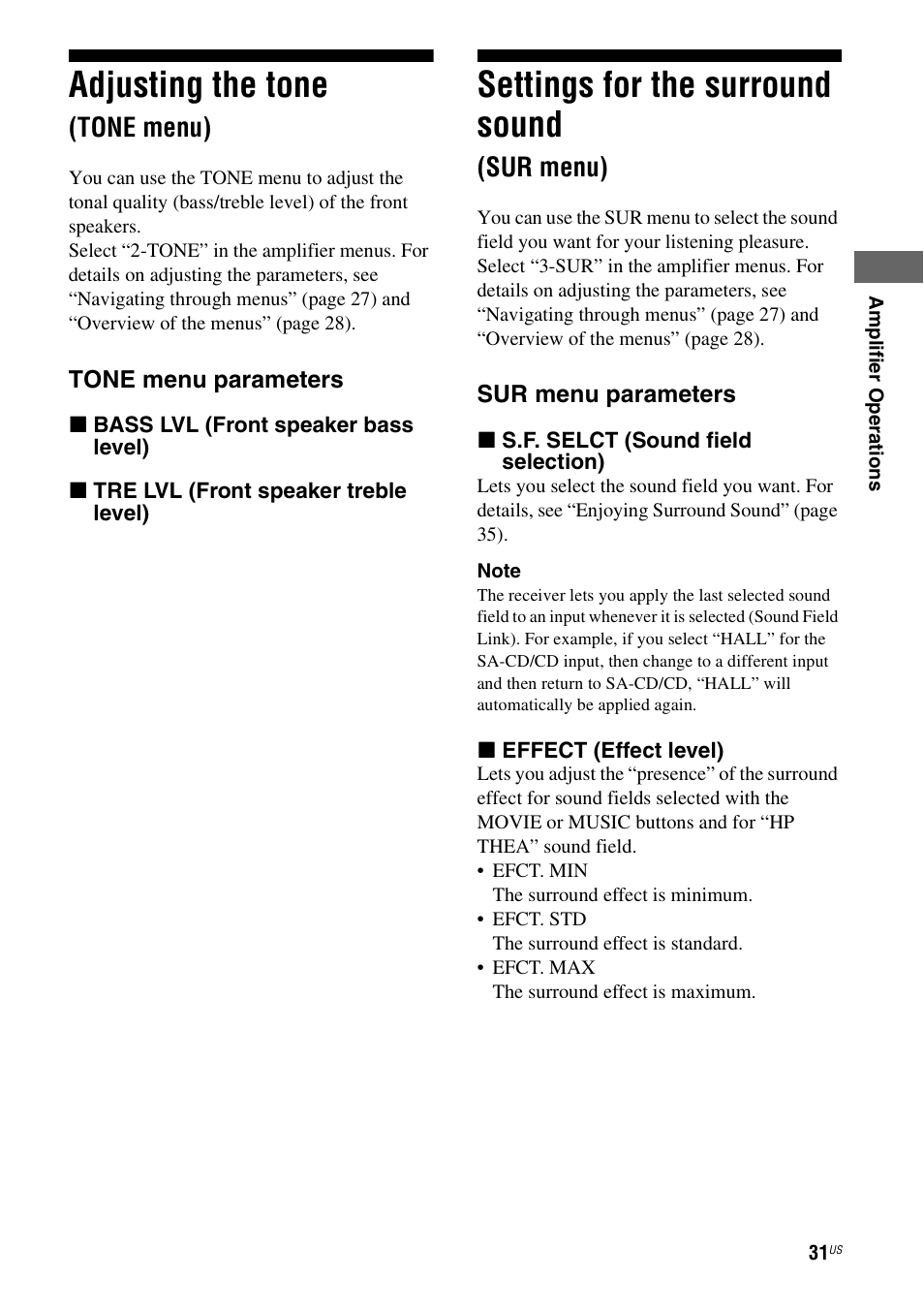 Adjusting the tone (tone menu), Settings for the surround sound (sur menu), Sur menu) | Adjusting the tone, Settings for the surround sound, Tone menu) | Sony HT-DDWG700 User Manual | Page 31 / 56
