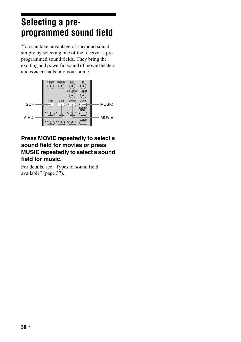 Selecting a pre- programmed sound field, Selecting a pre-programmed sound field | Sony HT-DDWG700 User Manual | Page 36 / 56