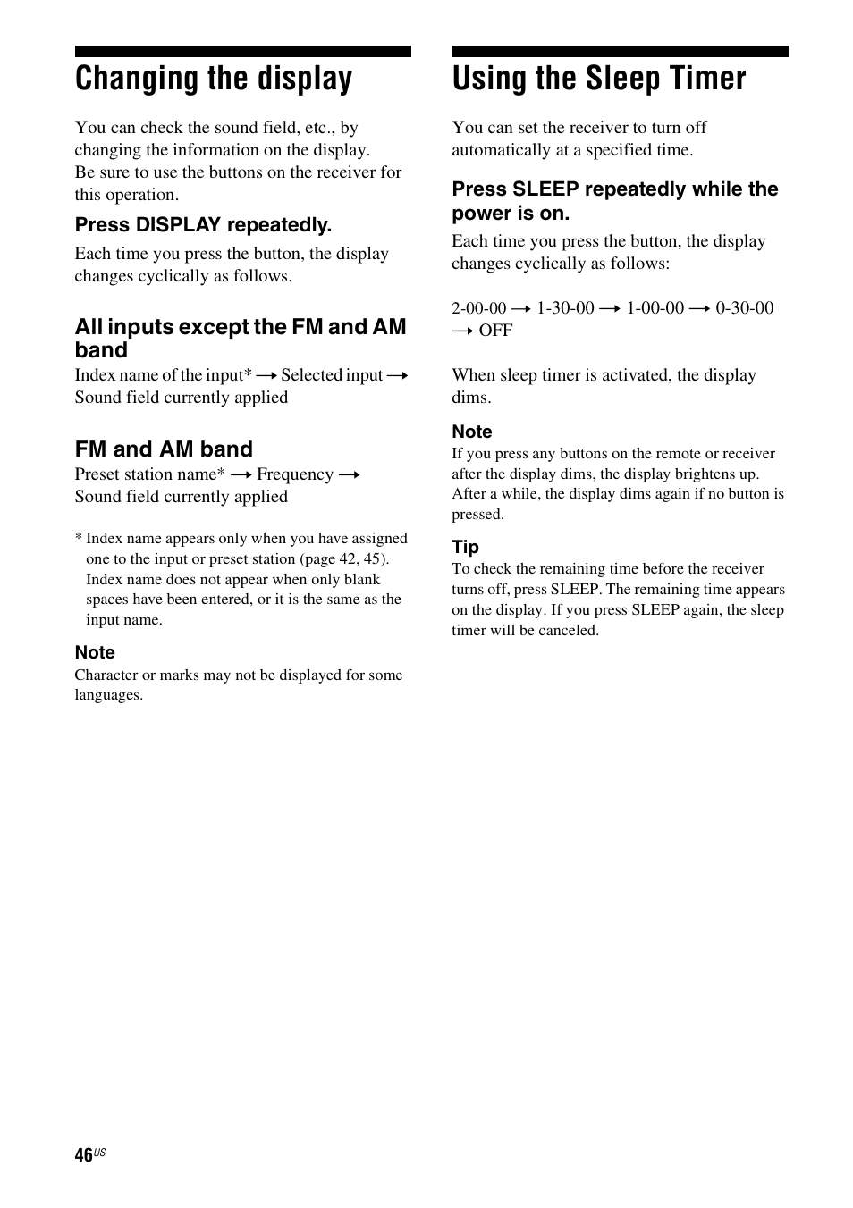 Changing the display, Using the sleep timer, Changing the display using the sleep timer | Sony HT-DDWG700 User Manual | Page 46 / 56