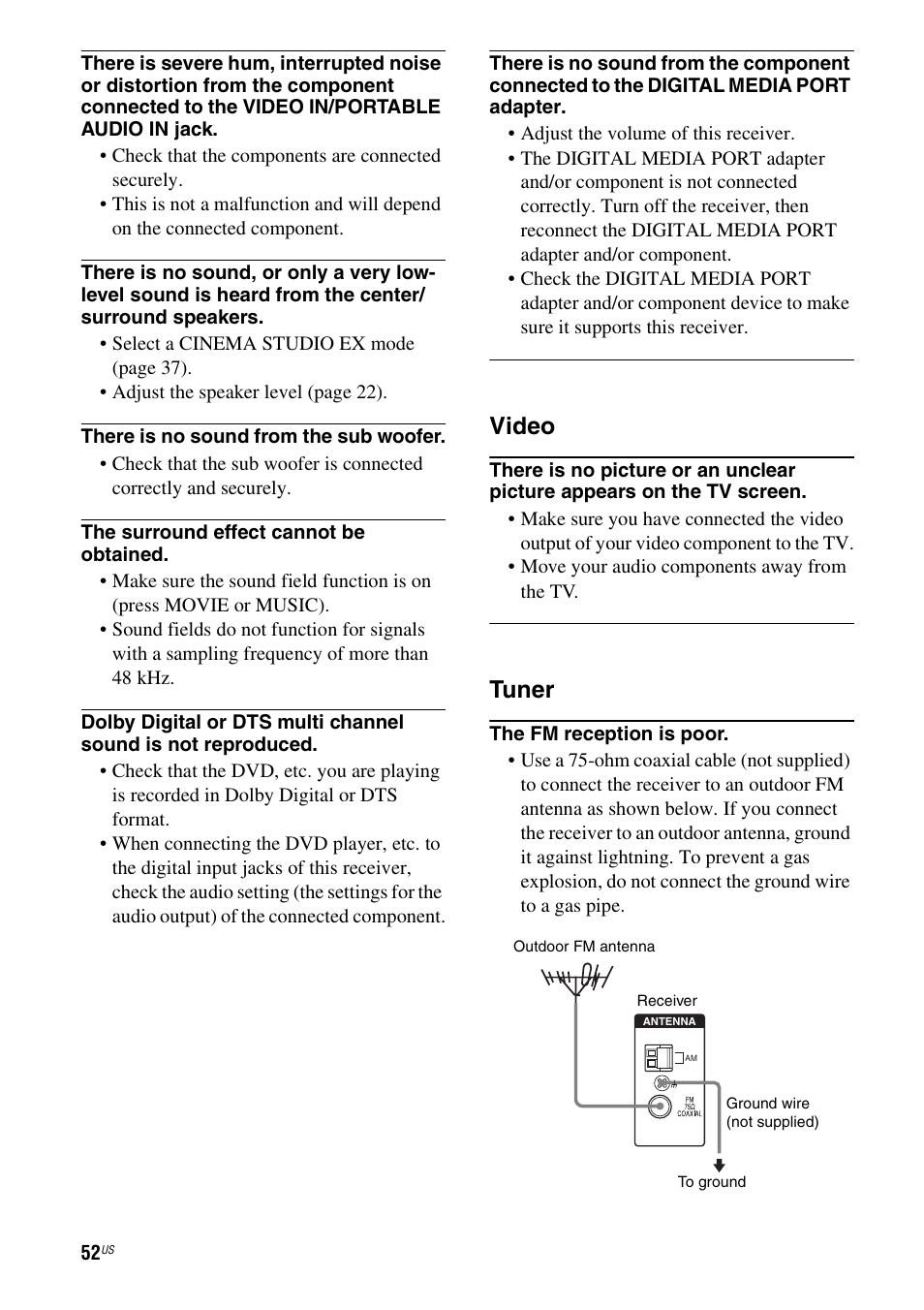 Video, Tuner | Sony HT-DDWG700 User Manual | Page 52 / 56