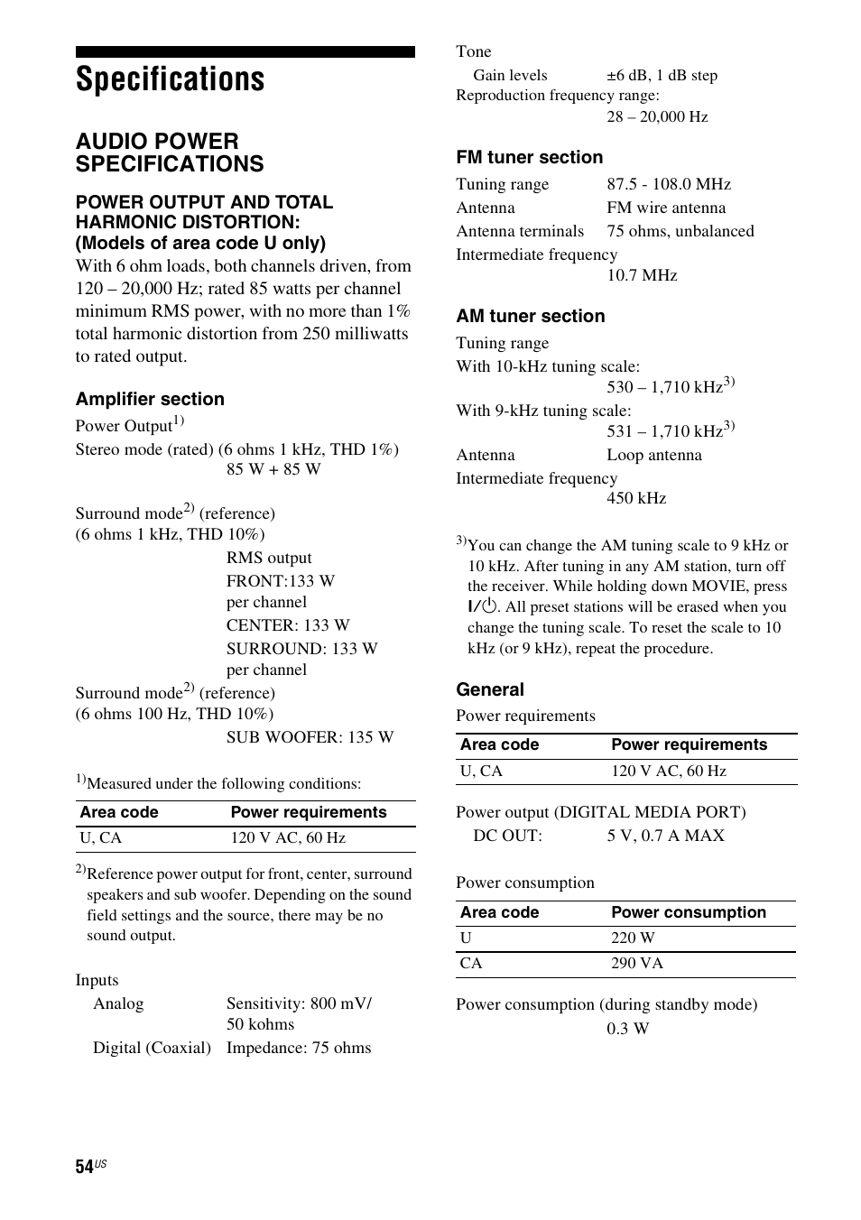 Specifications, Audio power specifications | Sony HT-DDWG700 User Manual | Page 54 / 56