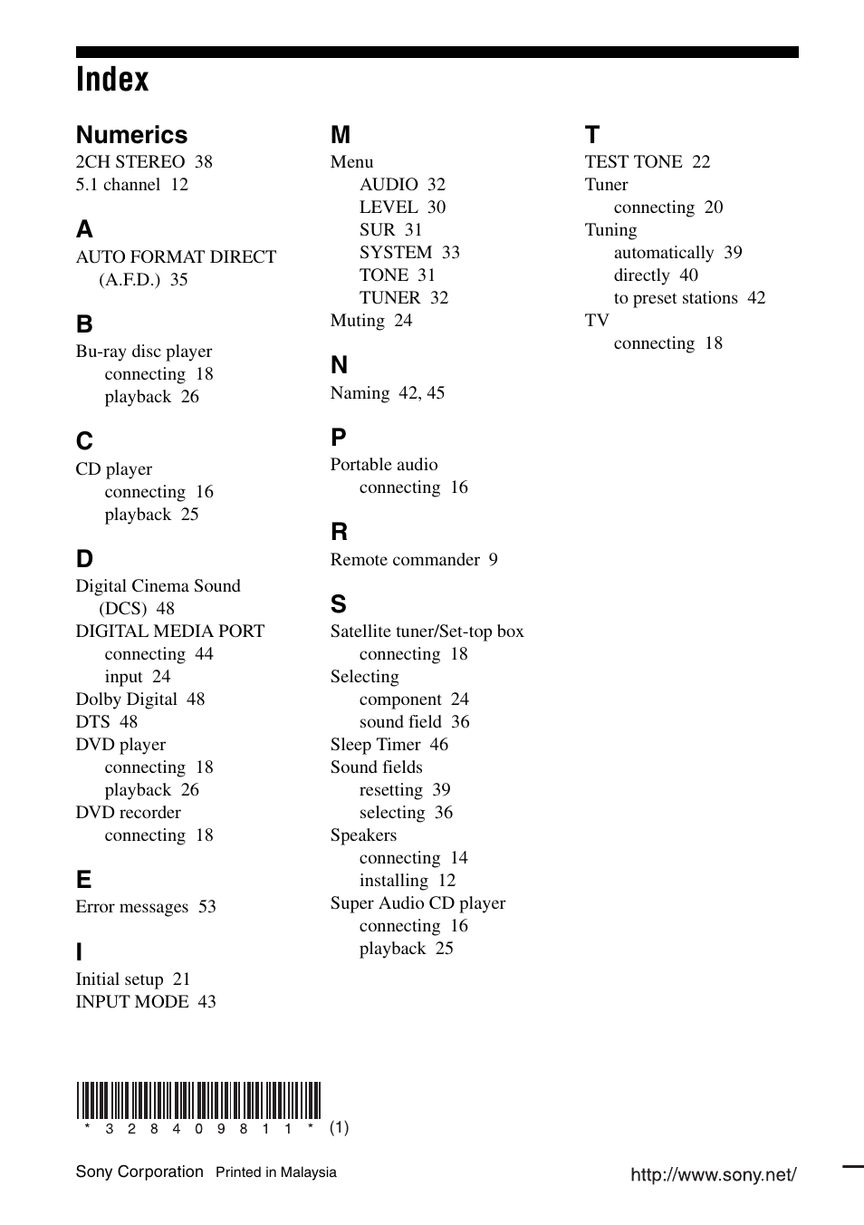 Index, Numerics | Sony HT-DDWG700 User Manual | Page 56 / 56