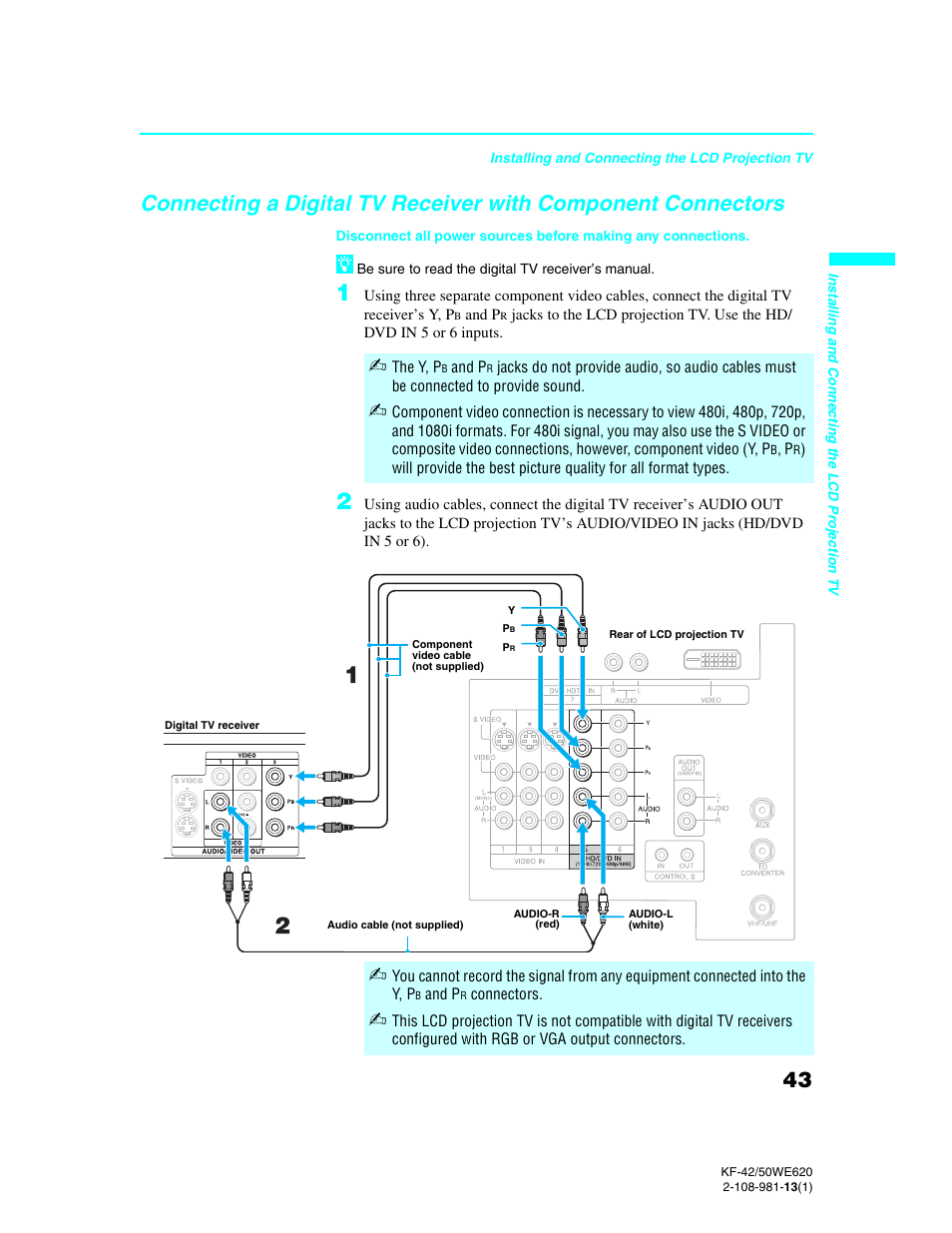 Connecting a digital tv receiver with component, Connectors | Sony KF-42WE620 User Manual | Page 43 / 95