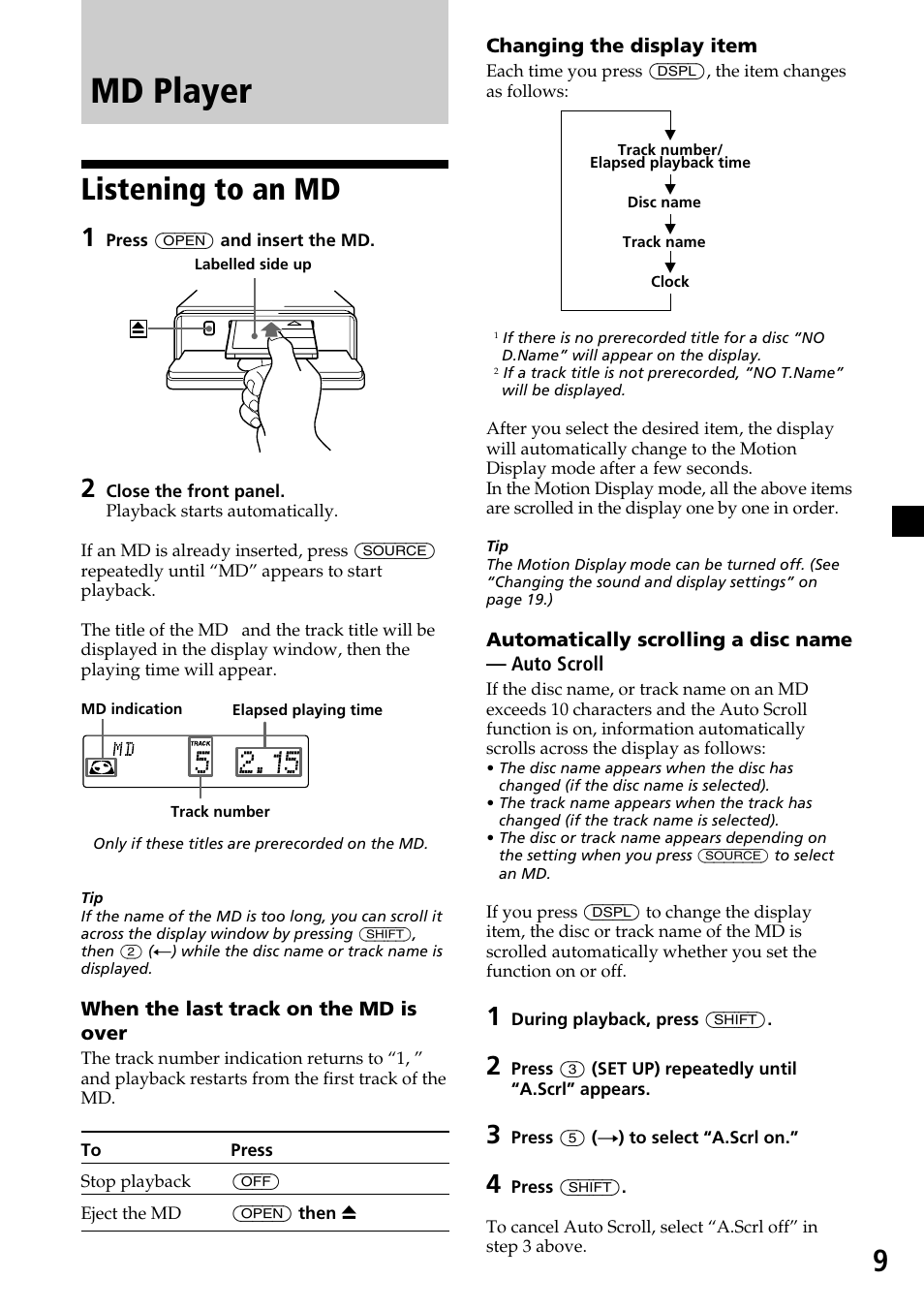 Md player, Listening to an md | Sony MDX-C7970R User Manual | Page 9 / 116