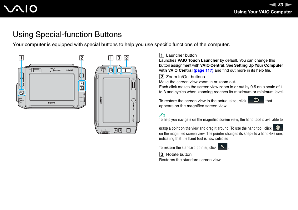 Using special-function buttons | Sony ICD VGN-UX200 User Manual | Page 33 / 194