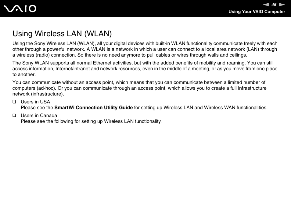 Using wireless lan (wlan) | Sony ICD VGN-UX200 User Manual | Page 45 / 194