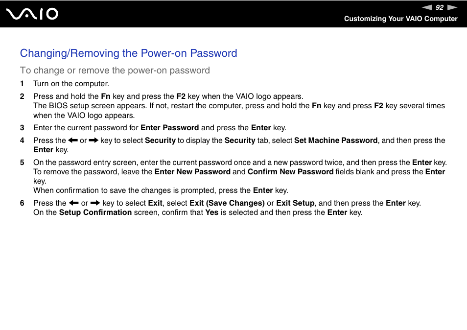 Changing/removing the power-on password | Sony ICD VGN-UX200 User Manual | Page 92 / 194