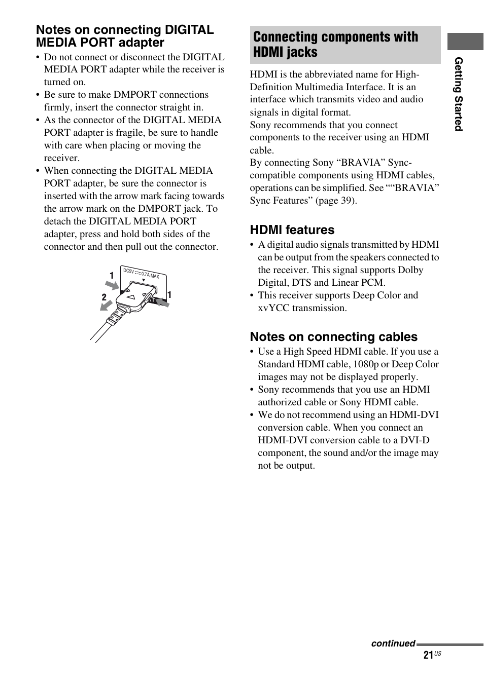 Connecting components with hdmi jacks, Hdmi features | Sony HT-SF370 User Manual | Page 21 / 76