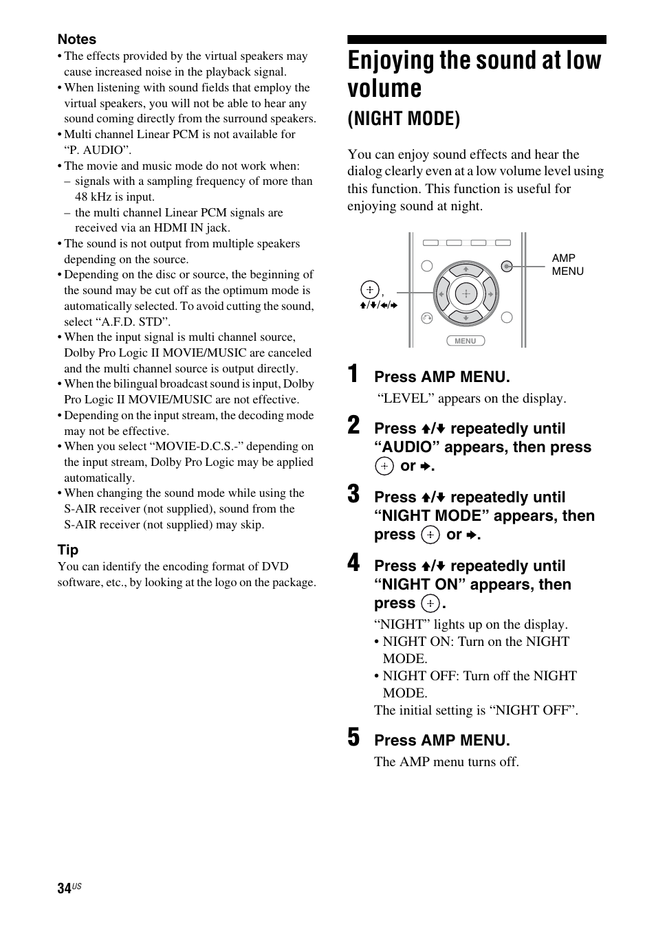 Enjoying the sound at low volume (night mode), Enjoying the sound at low volume, Night mode) | Sony HT-SF370 User Manual | Page 34 / 76