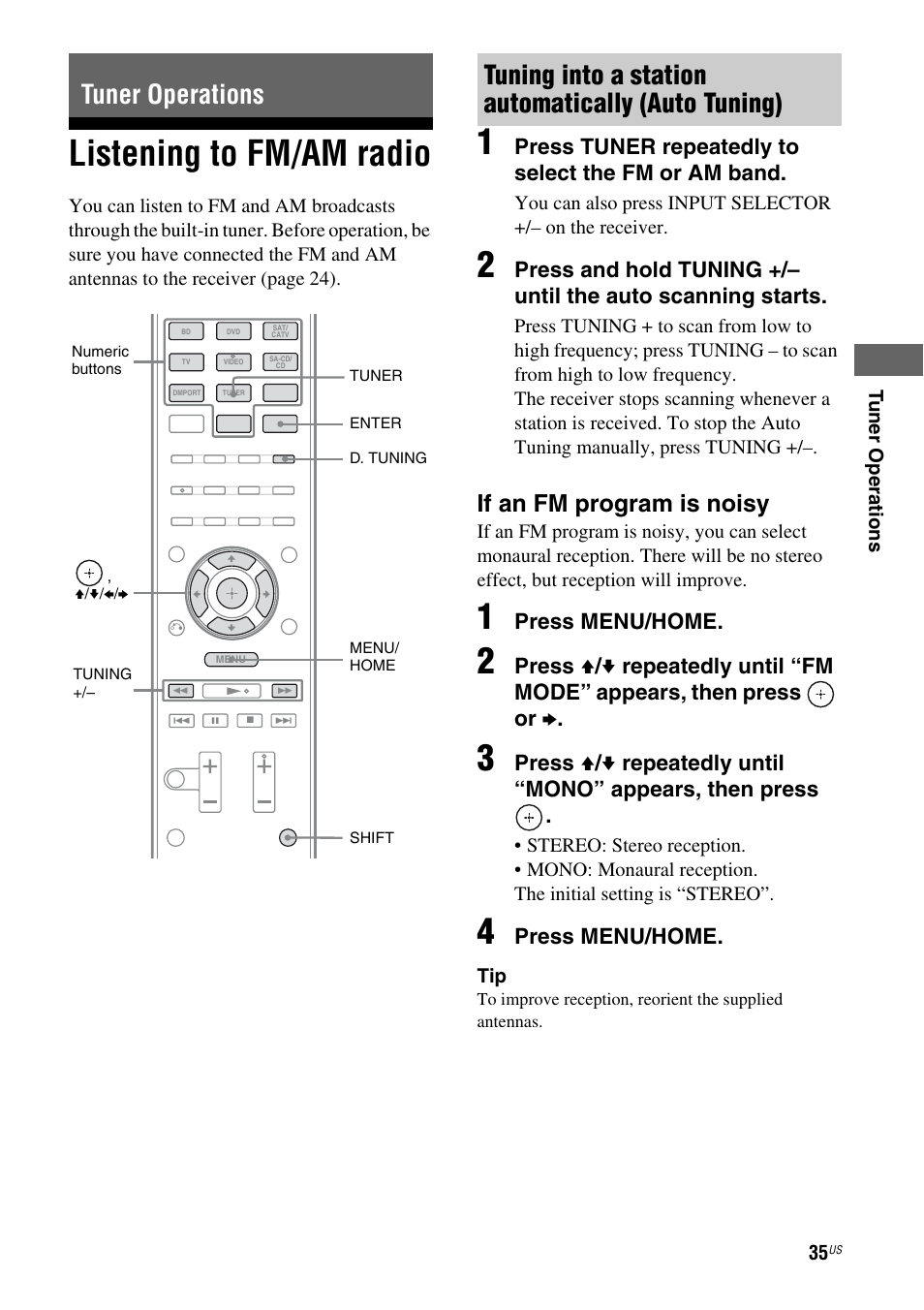 Tuner operations, Listening to fm/am radio, Tuning into a station automatically (auto tuning) | If an fm program is noisy | Sony HT-SF370 User Manual | Page 35 / 76