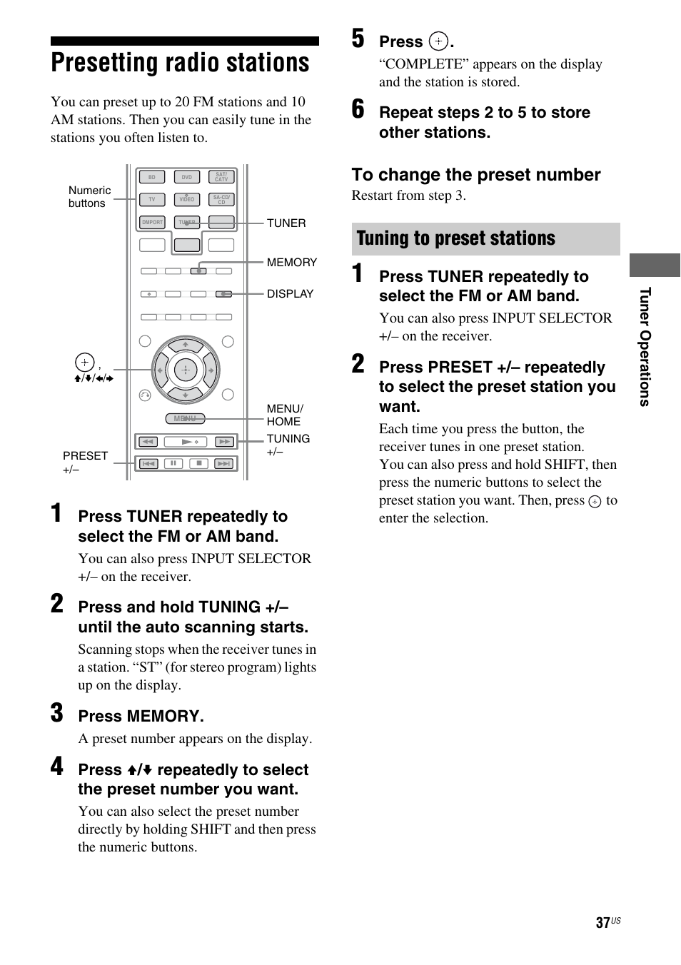 Presetting radio stations, Tuning to preset stations | Sony HT-SF370 User Manual | Page 37 / 76