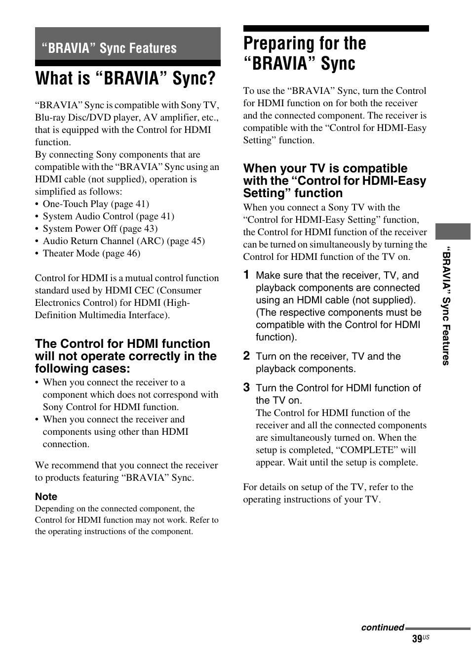 Bravia” sync features, What is “bravia” sync, Preparing for the “bravia” sync | Sony HT-SF370 User Manual | Page 39 / 76