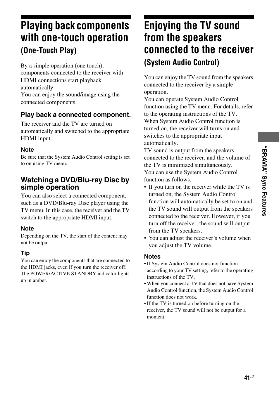 Playing back components with one-touch, Operation (one-touch play), Enjoying the tv sound from the speakers | Connected to the receiver, System audio control), Playing back components with one-touch operation, One-touch play) | Sony HT-SF370 User Manual | Page 41 / 76